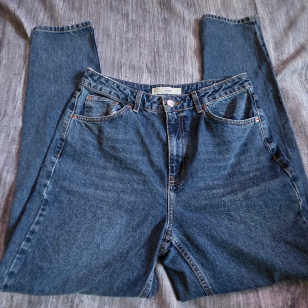 Topshop Moto Mom Jeans W32 High Waisted Distressed Blue Denim Tapered Leg